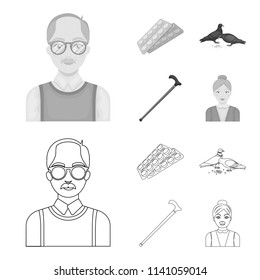 Elderly men, tablets, pigeons, walking cane.Old age set collection icons in outline,monochrome style vector symbol stock illustration web.