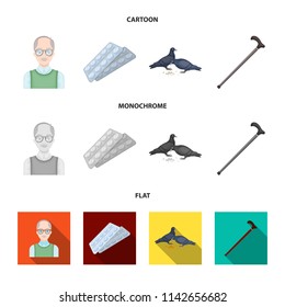 Elderly men, tablets, pigeons, walking cane.Old age set collection icons in cartoon,flat,monochrome style vector symbol stock illustration web.
