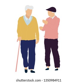 Elderly men taking a walk. Vector isolated illustration