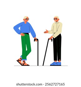 Elderly Men With Walking Sticks Interacting Outdoors In Flat Vector Illustration Symbolizing Companionship, Aging, And Friendship, Isolated On White Background