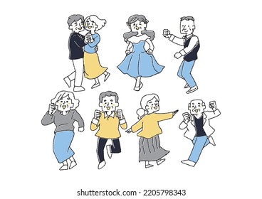 Elderly men and women dancing energetically (single item) Comical handwritten characters
