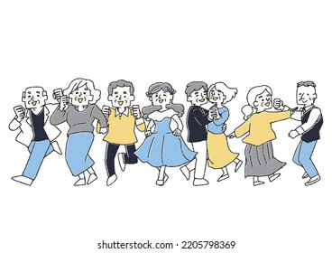 Elderly Men And Women Dancing Energetically (line) Comical Handwritten Characters