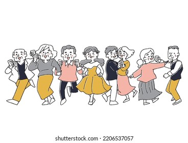 Elderly Men And Women Dancing Energetically (line) Comical Handwritten Characters