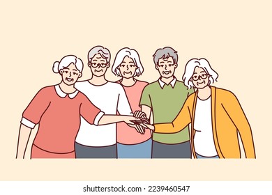 Elderly men and women with gray hair stand with hands outstretched to center demonstrating solidarity. Friendly pensioners from nursing home in casual clothes smiling. Flat vector image