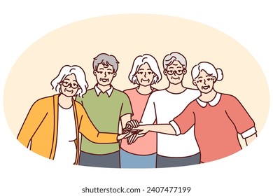 Elderly men and women with gray hair stand with hands outstretched to center demonstrating solidarity. Friendly pensioners from nursing home in casual clothes smiling. Flat vector image