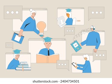 Elderly men and women learning online. Senior aged people education. Older adults students and graduates. Retirement science community. Vector illustration.