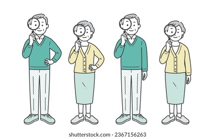 Elderly men and women with magnifying glasses