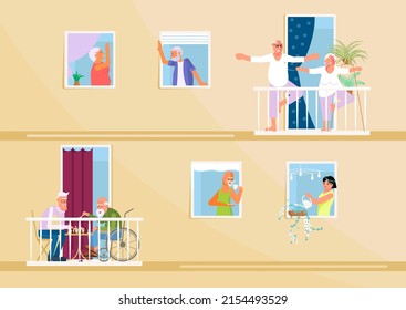 Elderly Men and women neighbours make friends at home. Seniors people characters living in neighboring home apartments. Flat Art Vector illustration