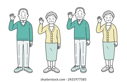 Elderly men and women raising one hand