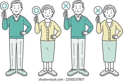 Elderly men and women raising ⚪︎ and × tags