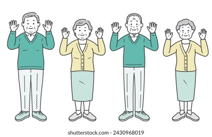 Elderly men and women raising their hands