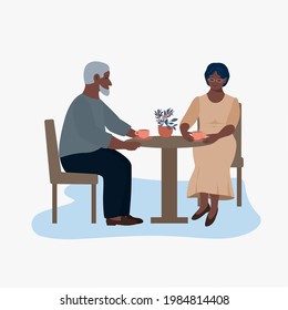 Elderly men and women relationship, table in a cafe, date, coffee, tea, love, couple, happy old age concept. Grandmother and grandfather together, cartoon style. Minimalism, vector