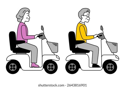 Elderly men and women riding a power-operated vehicle