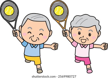 Elderly men and women smiling and enjoying tennis