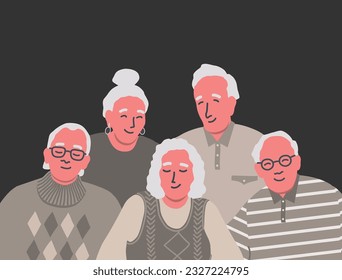 Elderly men and elderly women are standing together. Community of senior people. Vector illustration