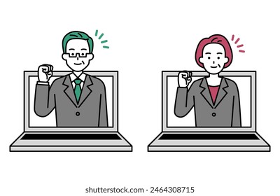 Elderly men and women in suits providing online support