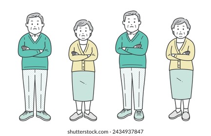 Elderly men and women thinking with their arms crossed