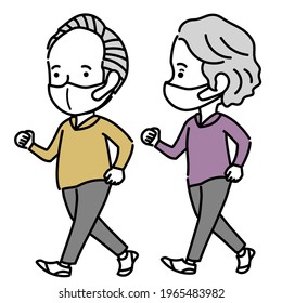 Elderly men and women wears surgical masks are walking
