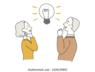  Elderly men and women who came up with good ideas, two people who are happy to understand, hand-drawn person illustrations