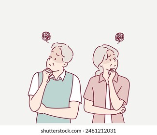 Hombres y mujeres mayores que piensan con ansiedad. Ilustraciones de diseño de Vector dibujado a mano.