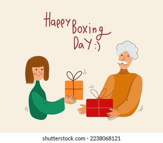 Elderly Men and young women of different genders and ages give each other gifts, Xmas eve. Boxing day. New year celebration, concept banner, poster modern flat vector illustration
