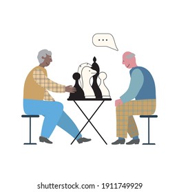 Elderly mens playing chess. Seniors are concentrated on game, think about srtategy. Compelling leisure. Concept vector illustration for brochure, web, post.
