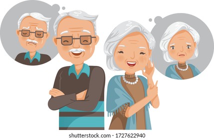 Elderly mental health concept. Feelings, emotions, and gestures in the opposite state. Mental health problems,normal conditions, stress and relaxation conditions,suffering and happiness.Feeling inside