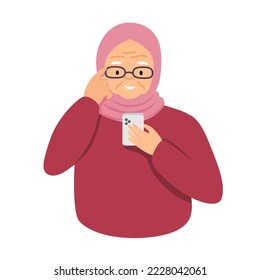 Elderly modern woman looks into the smartphone. Flat illustration for print, design, stickers and poster template