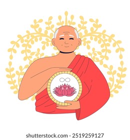 elderly monk in traditional robe holding symbol of samsara, teaching cycle of life and death in buddhism. Concept of rebirth and reincarnation with lotus and infinity sign