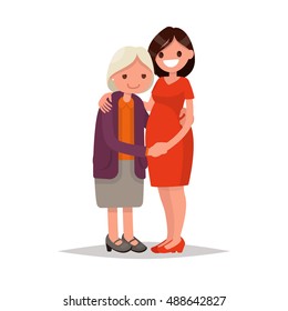 Elderly mother and adult daughter together. Vector illustration of a flat design