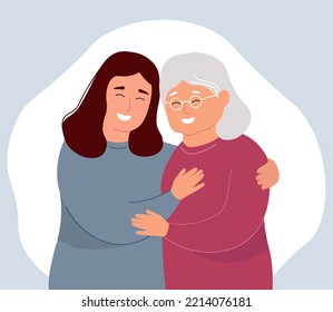 An elderly mother and daughter. Two women embrace. The concept of maternal love, caring for the elderly. Vector graphics.