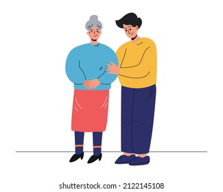 An elderly mother or grandmother with a son or grandson. An elderly parent. Support for the younger generation
