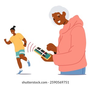 Elderly mother parent with excessive control and overprotection using smartphone geolocation map viewing her adult son sportsman jogging in park vector illustration. Separation psychological problem