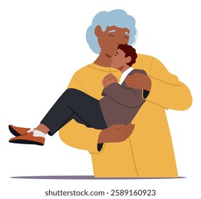 Elderly mother rocking adult son in arms caring and supporting kissing his forehead cartoon scene. Strong family bonding, psychological problem of parent and children separation vector illustration