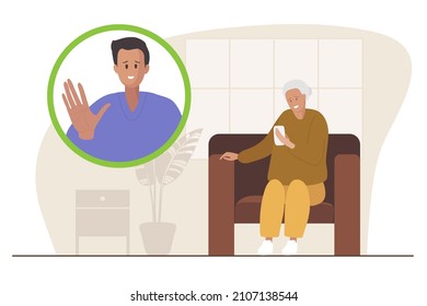 Elderly mother talks to her adult son via video connection. Young man waves on phone screen. Senior woman sitting in chair and looking at her smartphone at home. Video chat. Flat vector illustration.