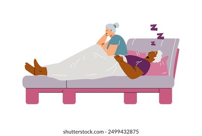 Elderly multinational couple in bed at night. Snoring, insomnia, bad sleep concept. Cartoon annoyed woman suffering from insomnia because of snoring husband. Vector flat illustration