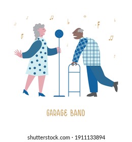 Elderly music lovers started band. Senior lady and man enjoy song in their music club. Concept vector illustration for web, banner