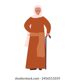 Elderly Muslim grandmother in traditional clothes with cane, senior woman standing vector illustration