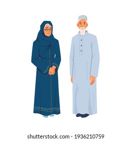 Elderly muslims isolated retired islam man and woman flat cartoon design. Vector old lady in hijab, bearded person in long arabic gown, parents or grandparents couple. Senior people in national cloth