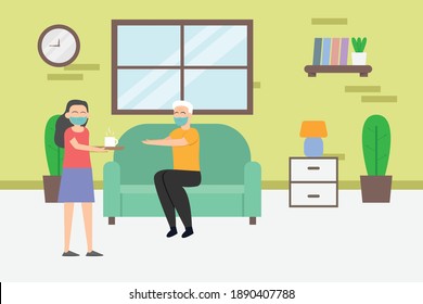 Elderly in nursing home wearing face mask 2D flat vector concept for banner, website, illustration, landing page, flyer, etc.