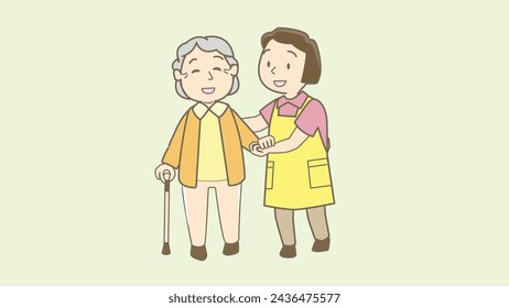 Elderly nursing  vector illustration. Happy retiree and nurse isolated cartoon characters on white background. Young woman taking care of aged man. volunteer work concept. Family support.