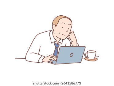 Elderly office worker working on laptop computer in office. Hand drawn style vector design illustrations.