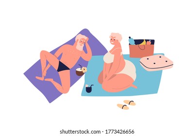 Elderly Old Couple Sunbathing On Beach. Retired People, Grandparents Sit, Smile, Lying On Blanket. Summer Vacation, Chilling, Picnic In Cartoon Flat Vector Illustration Isolated On White Background