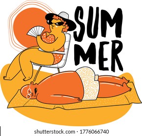 Elderly old couple sunbathing on beach, Vector