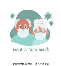 Elderly old lady and old man put on face medical masks. Quarantine Precautions During Coronavirus (2019-ncov or covid-19. Illustration in cartoon style isolated on white background.