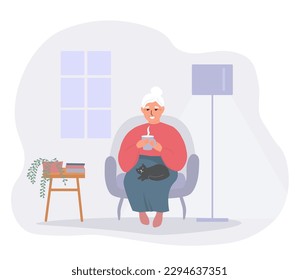 An elderly old lady is sitting at home in a chair with a cat on her lap. Grandma drinks a hot drink. Vector flat graphics.