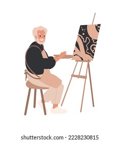 Elderly old Man painting picture on canvas, easel. Hobby, painting, art studio, art classes, workshop concept. Man painter, artist in apron.