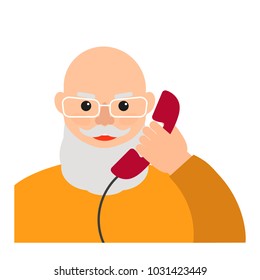 An elderly (old) man talking on the home phone. Portrait of bald grandfather with a beard and glasses. The cartoon character. Vector flat illustration.