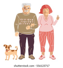 Elderly old man walking arm in arm with an old lady and their Jack Russel terrier dog beside them