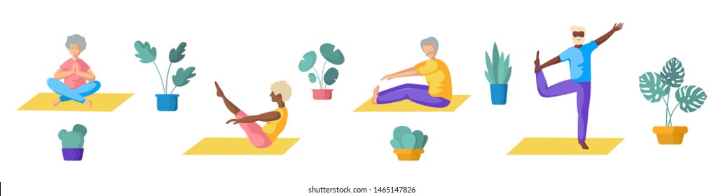 Elderly or old people - African Americans and Europeans couples - doing yoga, men and women doing sport exercises and meditation. Group of flat characters, isolated figures and potted flowers, vector 